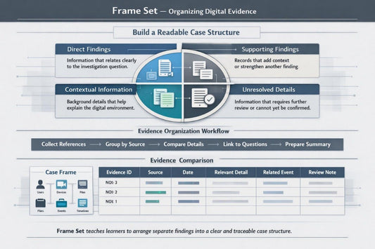 A digital infographic titled 'Frame Set — Organizing Digital Evidence' with a blue and white layout. It features a 'Build a Readable Case Structure' diagram with four quadrants (Direct Findings, Supporting Findings, Contextual Information, Unresolved Details), an 'Evidence Organization Workflow' process, and an 'Evidence Comparison' table at the bottom.