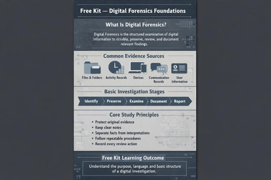 A digital infographic slide titled 'Free Kit - Digital Forensics Foundations' with sections on 'What Is Digital Forensics?', 'Common Evidence Sources', 'Basic Investigation Stages', and 'Free Kit Learning Outcome' on a dark gray background.