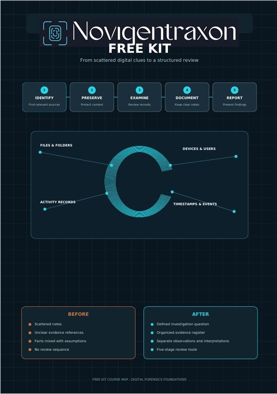 A digital infographic poster for the 'Novigentraxon Free Kit' by Digital Forensics Foundation, outlining a structured review process with five steps and a central circular diagram on a dark grid background.