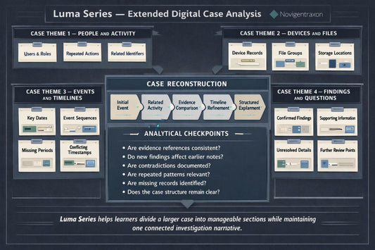 An educational infographic diagram titled 'Case Investigation' on a dark textured background, showing digital relationship mapping concepts with boxes for Users, Devices, Files, Accounts, Events, Timestamps, and Locations connected to a central oval. A legend at the bottom explains relationship types, and a 'Relationship Review Questions' box appears on the left.