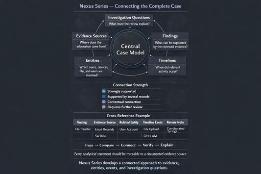 A dark charcoal presentation slide or poster outlining the 'Nexus Series - Connecting the Complete Case' model. The diagram features a central circular 'Central Case Model' surrounded by connected sections for 'Evidence Sources', 'Entities', 'Findings', and 'Timelines', with bullet points and cross-reference examples below.