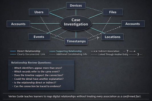 An educational infographic diagram titled 'Case Investigation' on a dark textured background, showing digital relationship mapping concepts with boxes for Users, Devices, Files, Accounts, Events, Timestamps, and Locations connected to a central oval. A legend at the bottom explains relationship types, and a 'Relationship Review Questions' box appears on the left.