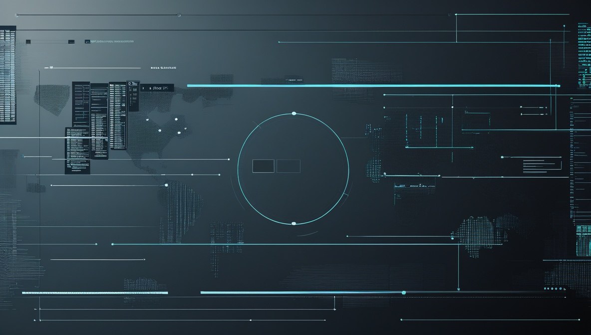 A dark futuristic digital interface graphic with glowing cyan lines, circular diagrams, data panels, and technical schematic elements on a black background.