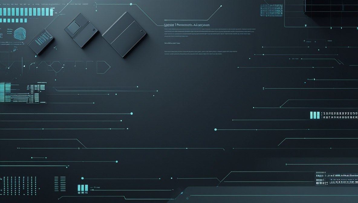 A dark futuristic digital background with abstract tech graphics, circuit lines, and small rectangular panels in glowing cyan and light blue tones.