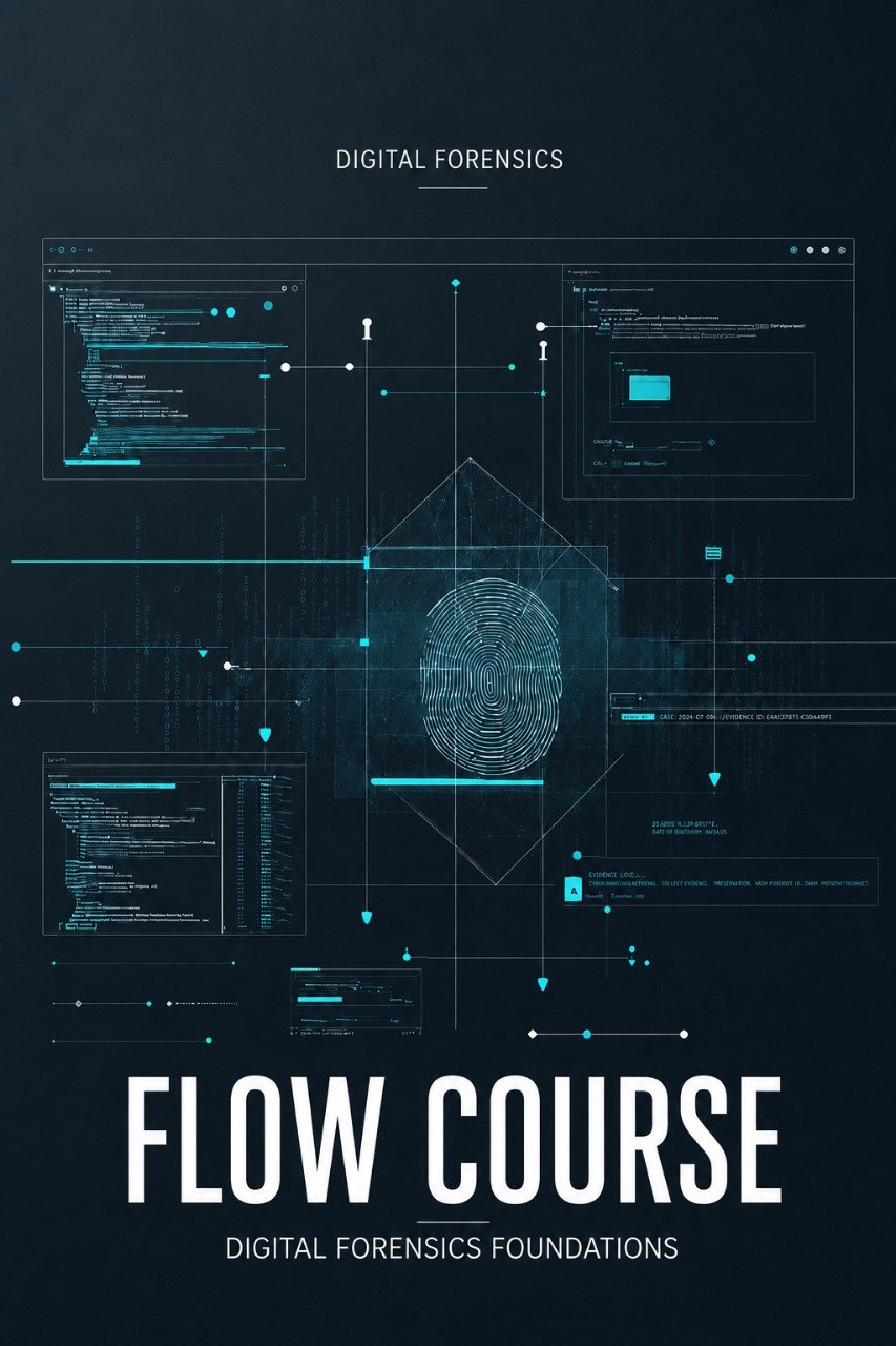 Digital forensics course cover graphic with a dark navy background, glowing cyan interface panels, a central fingerprint illustration, and large white text reading 'FLOW COURSE' and 'DIGITAL FORENSICS FOUNDATIONS'.