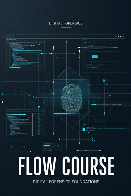 Digital forensics course cover graphic with a dark navy background, glowing cyan interface panels, a central fingerprint illustration, and large white text reading 'FLOW COURSE' and 'DIGITAL FORENSICS FOUNDATIONS'.