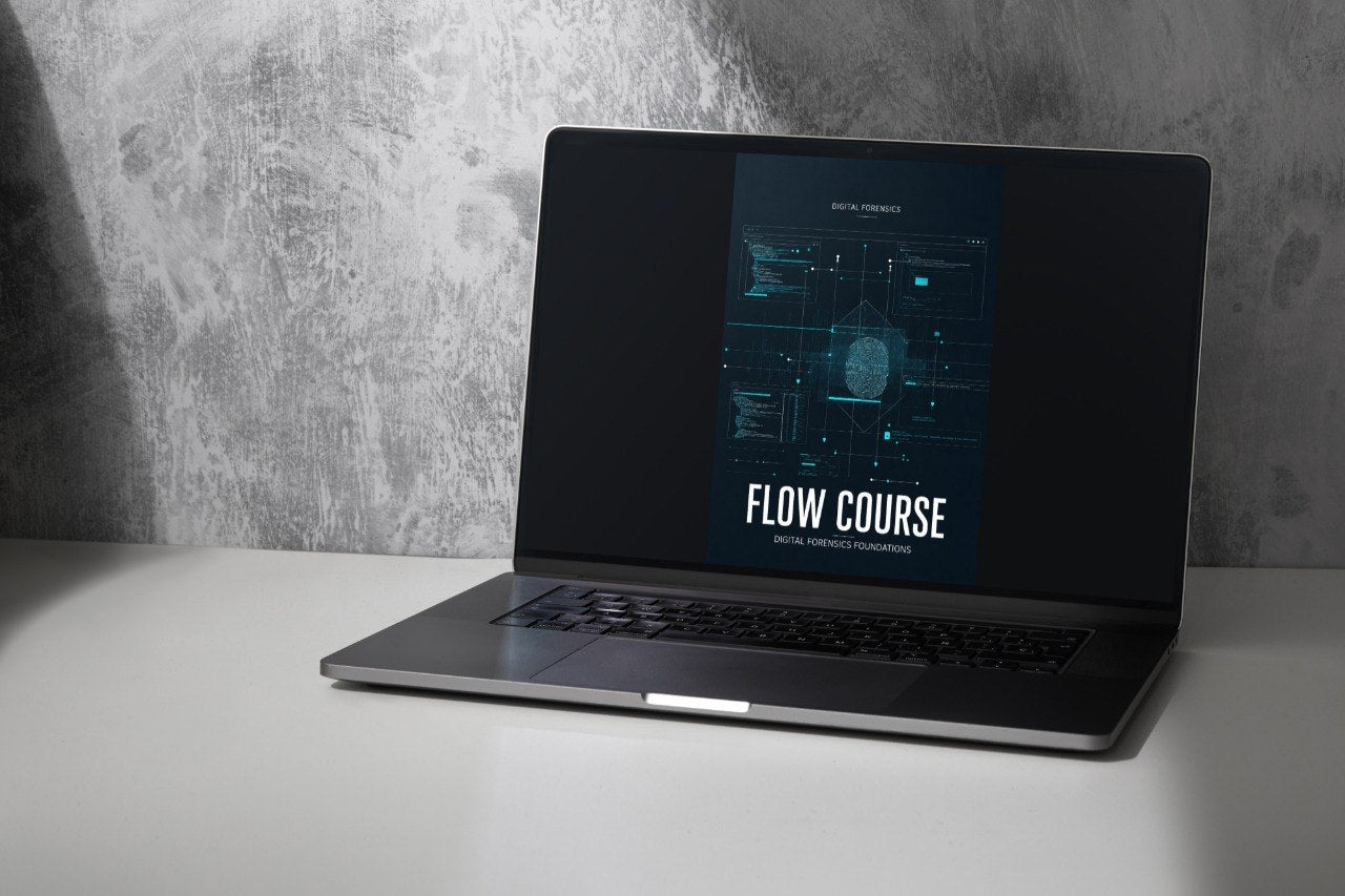 A dark gray laptop sits open on a white surface against a textured gray wall, with the screen displaying a digital course cover titled 'FLOW COURSE'.
