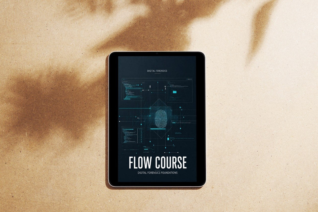 A tablet device lying on a textured beige surface with soft brown shadows cast across it. The screen displays a dark digital interface with the text 'FLOW COURSE' and smaller text that appears to read 'DIGITAL FORENSICS FOUNDATION'.