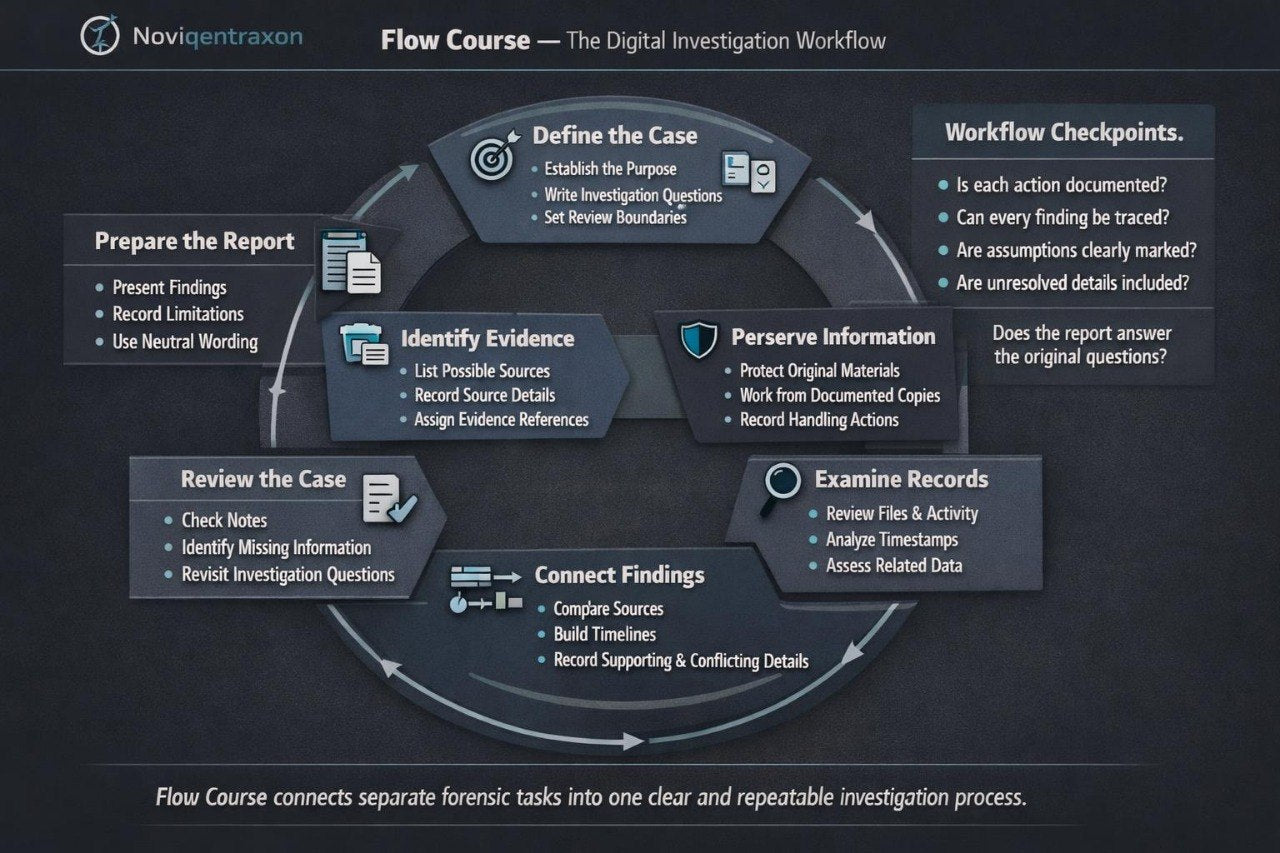 A dark navy and black infographic titled 'Flow Course — The Digital Investigation Workflow' with circular arrows and labeled process steps including Define the Case, Prepare the Report, Review the Case, Connect Findings, Examine Records, and Preserve Information.