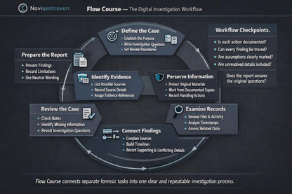 A dark navy and black infographic titled 'Flow Course — The Digital Investigation Workflow' with circular arrows and labeled process steps including Define the Case, Prepare the Report, Review the Case, Connect Findings, Examine Records, and Preserve Information.