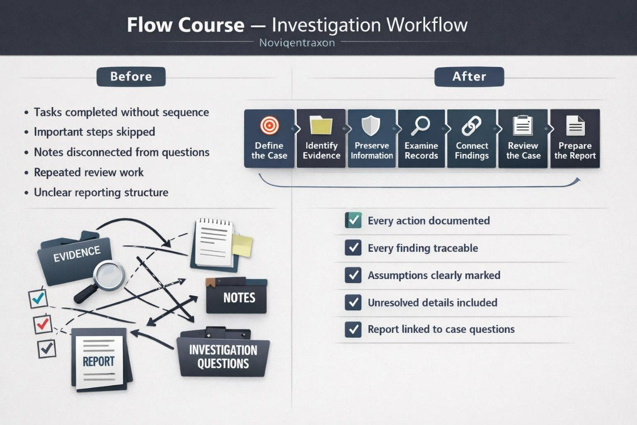 A digital infographic titled 'Flow Course - Investigation Workflow' showing a before-and-after comparison. The left side, labeled 'Before', lists issues like tasks completed without sequence and unclear reporting structure, accompanied by icons for evidence, notes, and a report.