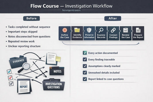 A digital infographic titled 'Flow Course - Investigation Workflow' showing a before-and-after comparison. The left side, labeled 'Before', lists issues like tasks completed without sequence and unclear reporting structure, accompanied by icons for evidence, notes, and a report.