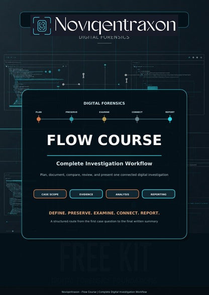 A digital cover graphic for the 'Flow Course' by Noviqentraxon, a digital forensics complete investigation workflow. The design features a dark navy and black background with a central rounded rectangular card displaying the course title and key stages of a digital investigation.