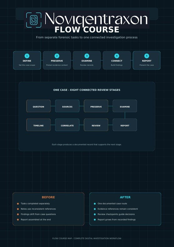 A digital infographic poster titled 'Noviqentraxon Flow Course' on a dark navy grid background, outlining forensic investigation steps from define to report, with before and after sections.