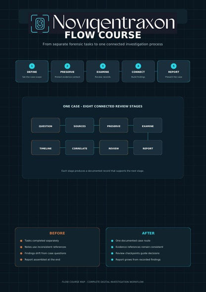 A digital infographic poster titled 'Noviqentraxon Flow Course' on a dark navy grid background, outlining forensic investigation steps from define to report, with before and after sections.