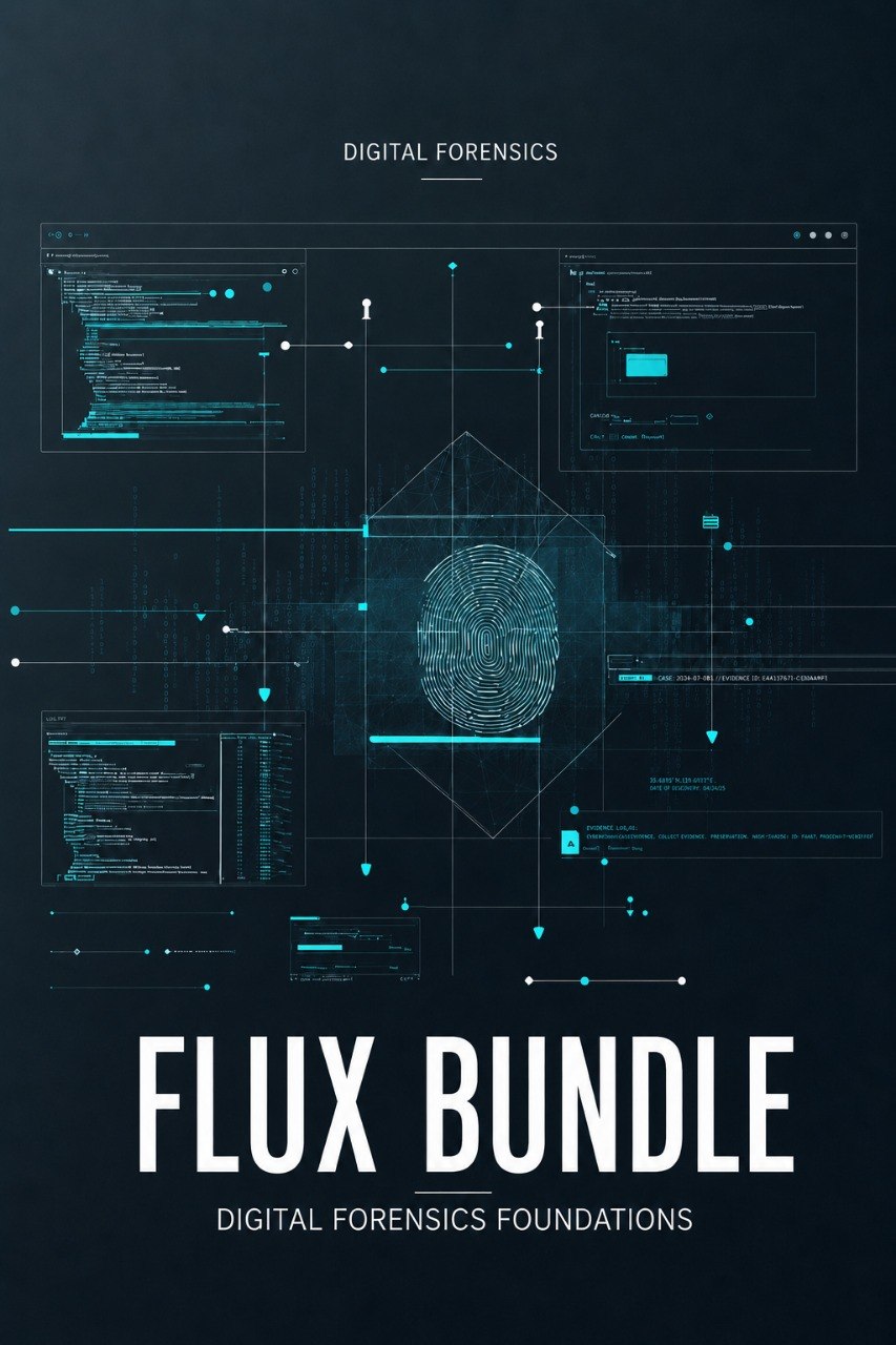 A digital cover graphic for a 'Flux Bundle' digital forensics course, featuring a dark navy background with a central glowing fingerprint icon, various interface panels, and white text.