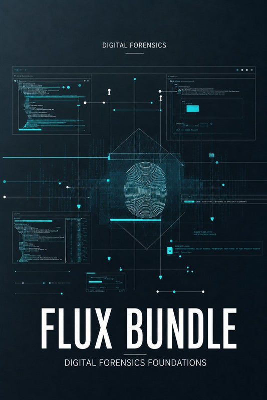 A digital cover graphic for a 'Flux Bundle' digital forensics course, featuring a dark navy background with a central glowing fingerprint icon, various interface panels, and white text.