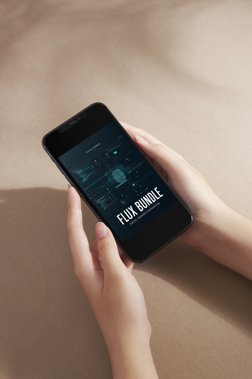 A person holds a black smartphone with both hands against a warm beige background. The phone screen displays a dark digital interface with the text 'FLUX BUNDLE'.