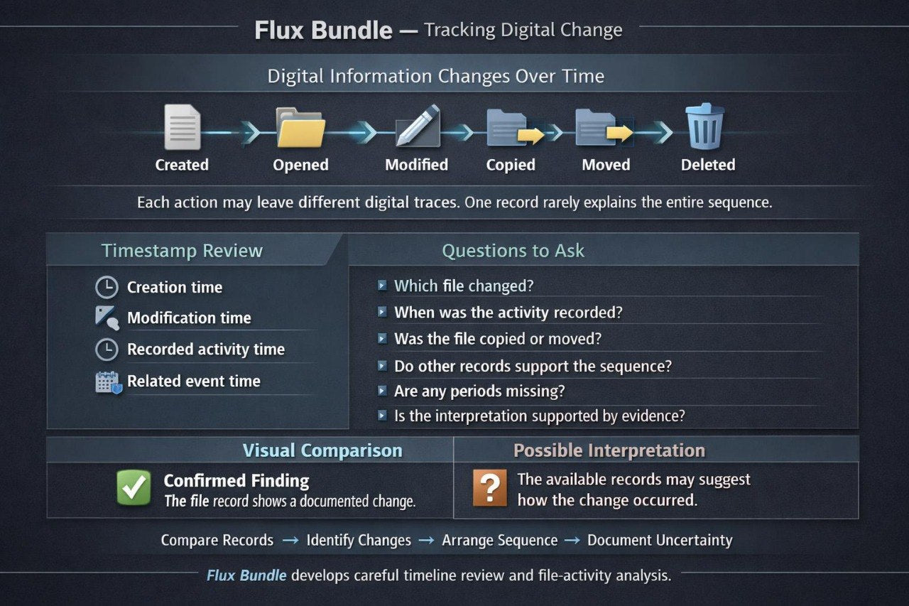 A screenshot of a software interface titled 'Flux Bundle — Tracking Digital Change,' showing a timeline of digital file modifications with icons for Created, Opened, Modified, Copied, Moved, and Deleted, plus review and comparison panels.