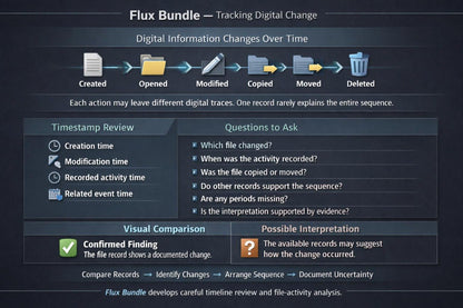 A screenshot of a software interface titled 'Flux Bundle — Tracking Digital Change,' showing a timeline of digital file modifications with icons for Created, Opened, Modified, Copied, Moved, and Deleted, plus review and comparison panels.