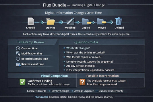A screenshot of a software interface titled 'Flux Bundle — Tracking Digital Change,' showing a timeline of digital file modifications with icons for Created, Opened, Modified, Copied, Moved, and Deleted, plus review and comparison panels.