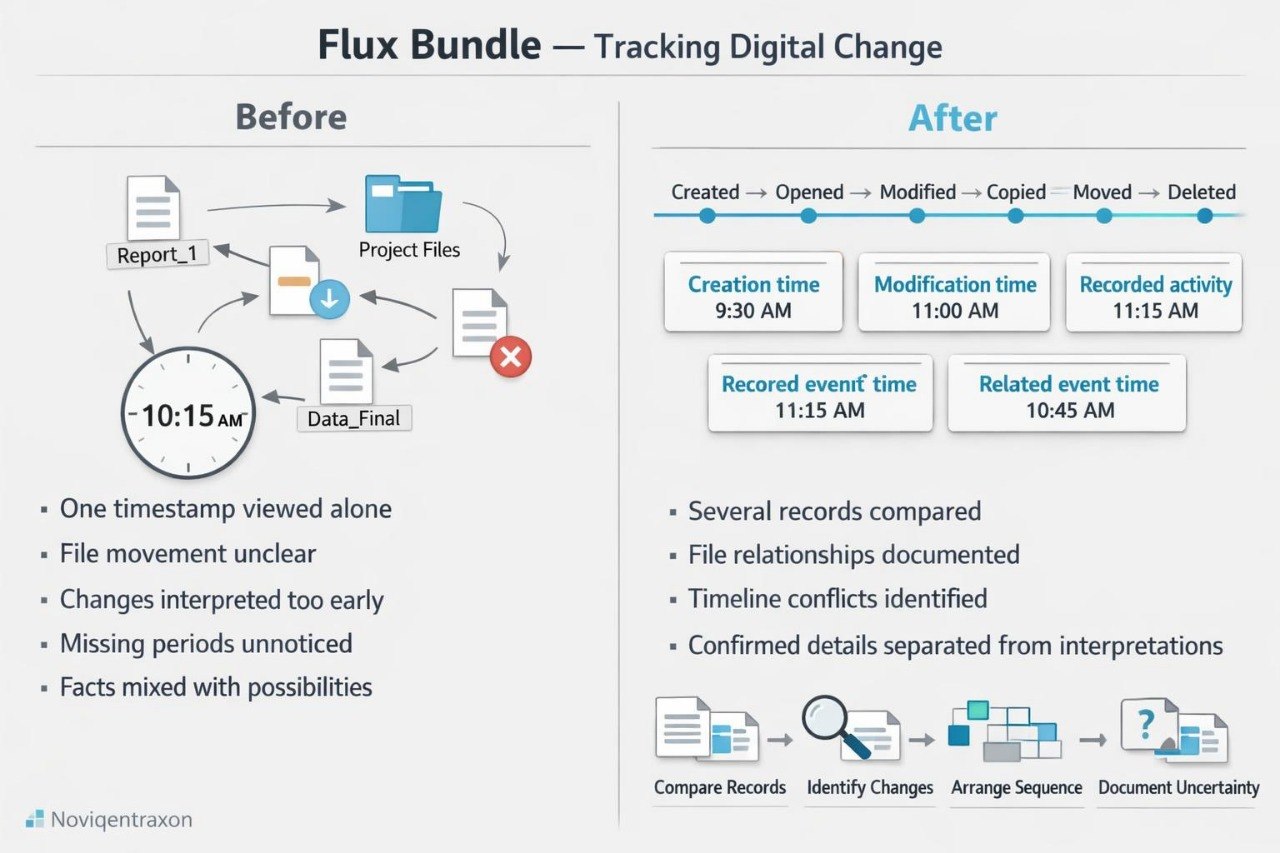 A digital infographic titled 'Flux Bundle — Tracking Digital Change' comparing a 'Before' state with an 'After' state using diagrams, timelines, and text bullet points on a light gray background. The Novigentron brand name is visible in the bottom-left corner.