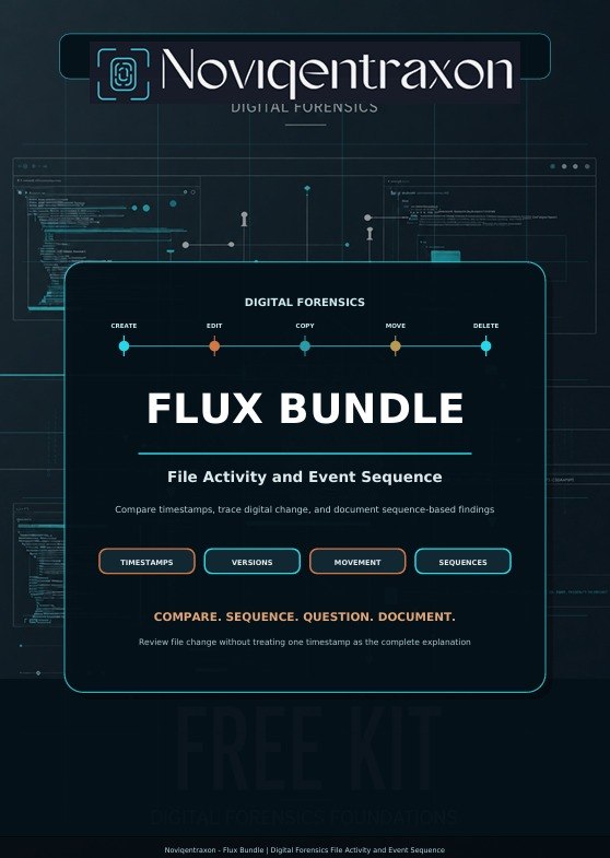A digital product cover for the 'Flux Bundle' by Noviqentraxon, featuring a dark futuristic interface design with blue and orange accents, outlining digital forensics file activity and event sequence tools.