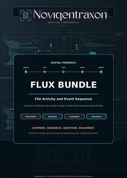 A digital product cover for the 'Flux Bundle' by Noviqentraxon, featuring a dark futuristic interface design with blue and orange accents, outlining digital forensics file activity and event sequence tools.