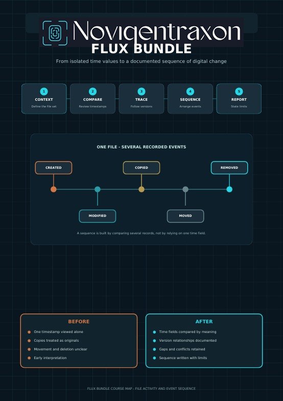 A digital infographic titled 'Novigentraxon FLUX BUNDLE' on a dark blue grid background, showing a process flow with labeled steps and before/after boxes.