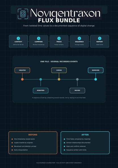 A digital infographic titled 'Novigentraxon FLUX BUNDLE' on a dark blue grid background, showing a process flow with labeled steps and before/after boxes.