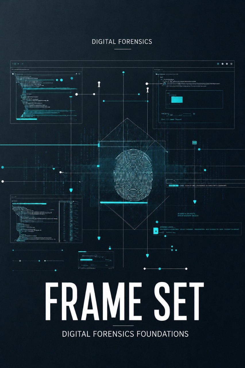 A dark digital cover design with the title 'FRAME SET' and subtitle 'DIGITAL FORENSICS FOUNDATIONS' on a black background, overlaid with futuristic interface graphics, code panels, and a fingerprint motif in cyan and white.