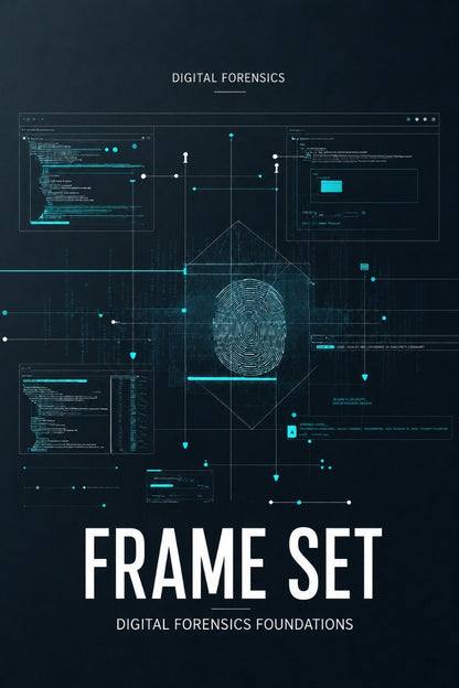 A dark digital cover design with the title 'FRAME SET' and subtitle 'DIGITAL FORENSICS FOUNDATIONS' on a black background, overlaid with futuristic interface graphics, code panels, and a fingerprint motif in cyan and white.