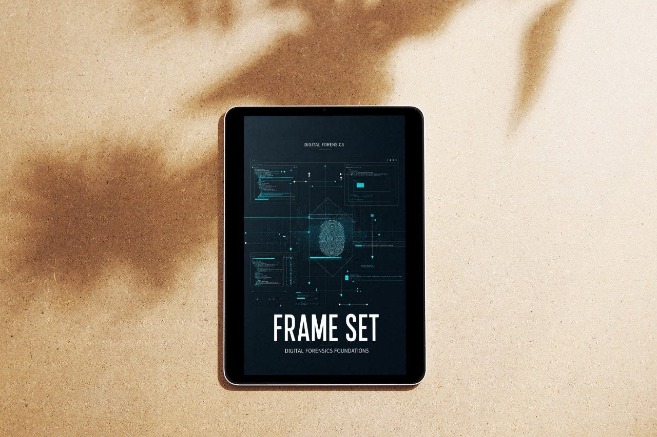 A tablet device lying on a textured beige surface with soft brown shadows cast across it. The screen displays a dark blue and black cover titled "FRAME SET