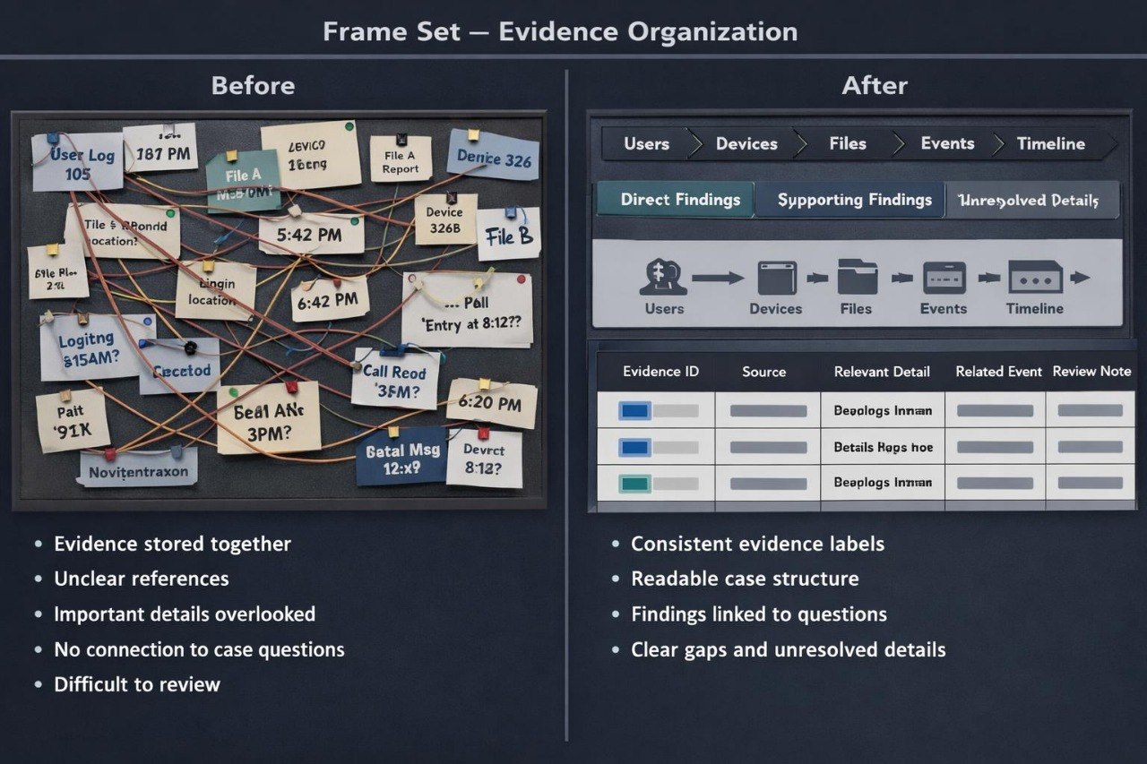 A presentation-style comparison graphic titled 'Frame Set – Evidence Organization' with a dark background. The left panel shows a messy evidence board labeled 'Before' with many sticky notes connected by lines and bullet points below.