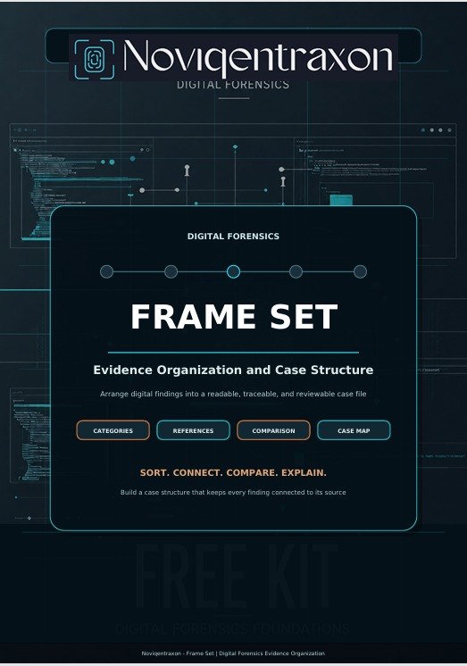 A digital cover graphic for the Novigentraxon Digital Forensics Frame Set, featuring a dark navy and black background with a central rounded rectangle containing the title 'FRAME SET' and subtitle 'Evidence Organization and Case Structure.'.