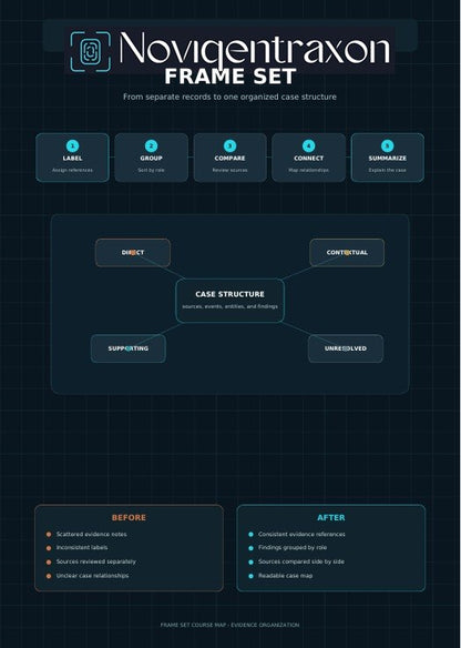 An infographic poster titled 'Novigentraxon FRAME SET' with a dark blue and black grid background, showing a central case structure diagram with labeled boxes such as DIRECT, SUPPORTING, CONTRASTING, and UNRESOLVED, plus before-and-after notes at the bottom.