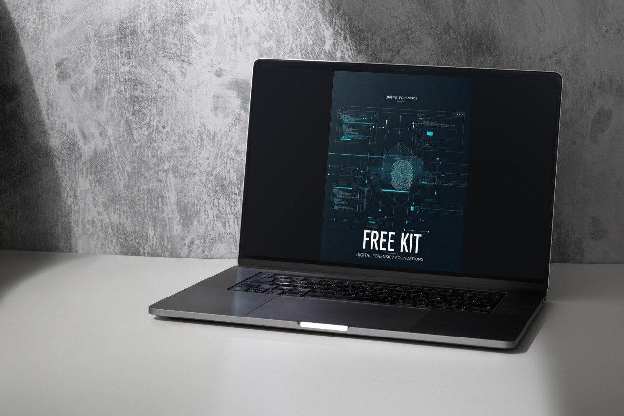 A dark gray laptop sits open on a white surface against a textured gray wall, with the screen displaying a digital graphic that reads 'FREE KIT'.