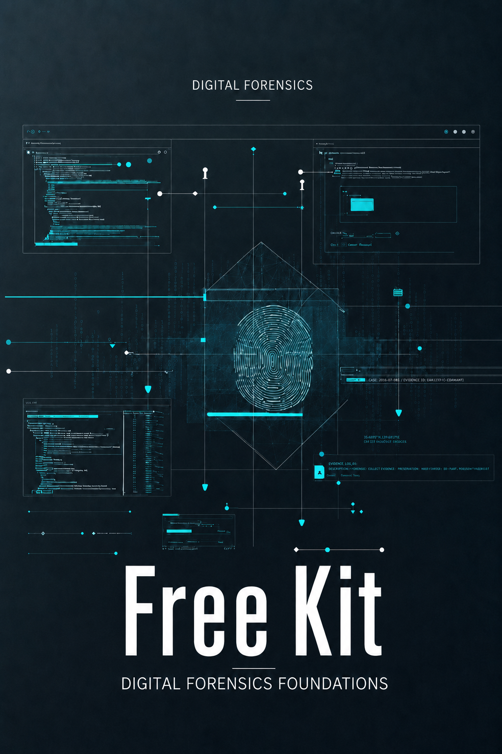 A dark digital cover design with the title 'DIGITAL FORENSICS' at the top, a central fingerprint graphic surrounded by interface-style lines and code elements, and large text reading 'Free Kit' with 'DIGITAL FORENSICS FOUNDATIONS' below.