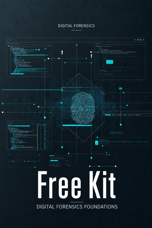 A dark digital cover design with the title 'DIGITAL FORENSICS' at the top, a central fingerprint graphic surrounded by interface-style lines and code elements, and large text reading 'Free Kit' with 'DIGITAL FORENSICS FOUNDATIONS' below.