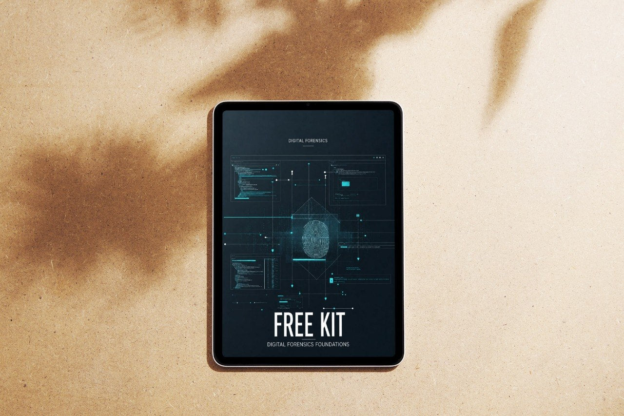 A tablet device lying on a textured beige surface with soft brown shadows cast across it. The screen displays a dark futuristic interface with the words 'FREE KIT' and smaller text that appears to read 'DIGITAL AESTHETICS COLLECTIONS'.