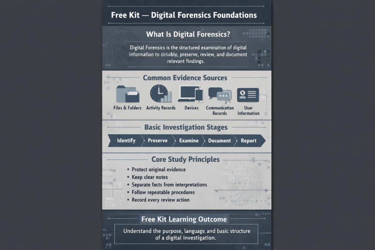 A digital infographic slide titled 'Free Kit - Digital Forensics Foundations' with sections on 'What Is Digital Forensics?', 'Common Evidence Sources', 'Basic Investigation Stages', and 'Free Kit Learning Outcome' on a dark gray background.