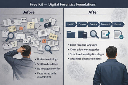 A promotional comparison graphic titled 'Free Kit — Digital Forensics Foundations' with a 'Before' and 'After' layout. The left side shows a confused man with a tangled document web and a list of unclear terminology; the right side shows a man from behind with a streamlined forensic workflow and organized notes.
