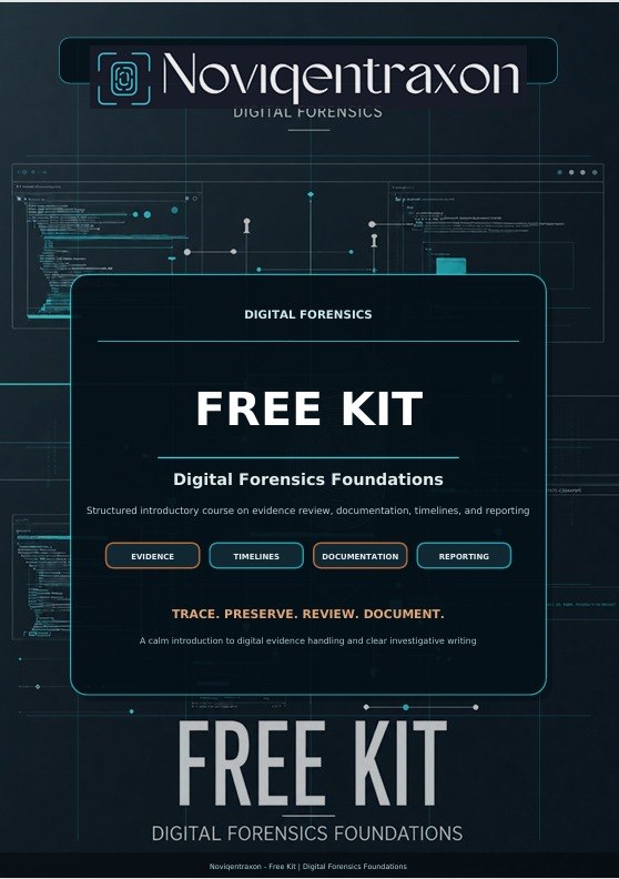 Promotional graphic for a Noviqentraxon Digital Forensics Free Kit, featuring a dark futuristic interface design with blue and white text and layout elements.