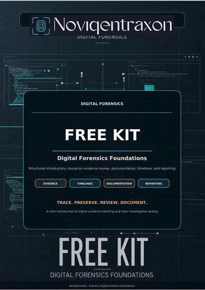 Promotional graphic for a Noviqentraxon Digital Forensics Free Kit, featuring a dark futuristic interface design with blue and white text and layout elements.