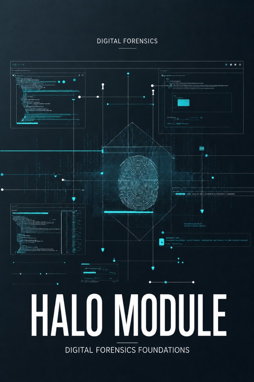 A dark digital poster-style graphic with the title 'HALO MODULE' in large white text, smaller text reading 'DIGITAL FORENSICS FOUNDATIONS,' and a central fingerprint-like digital interface design in glowing cyan lines on a black background.