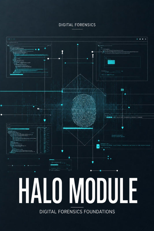 A dark digital poster-style graphic with the title 'HALO MODULE' in large white text, smaller text reading 'DIGITAL FORENSICS FOUNDATIONS,' and a central fingerprint-like digital interface design in glowing cyan lines on a black background.