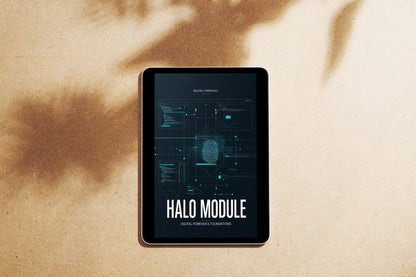 A tablet device lying on a textured beige surface with soft brown shadows cast across it. The screen is on and displays a dark futuristic interface with the text 'HALO MODULE' and smaller text that appears to read 'Digital Frontier Furnishings.