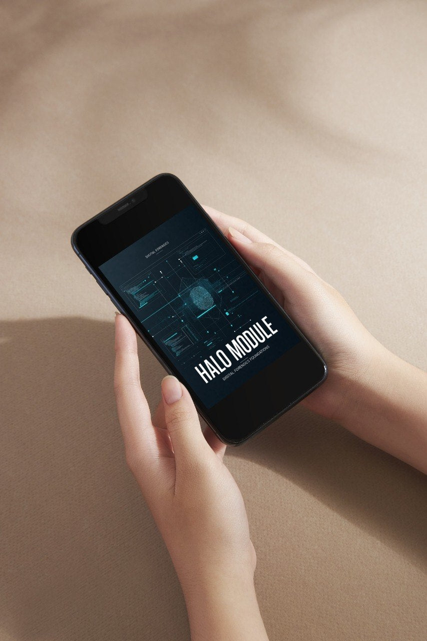 A person holds a black smartphone displaying the Halo Mobile game interface against a warm beige background.