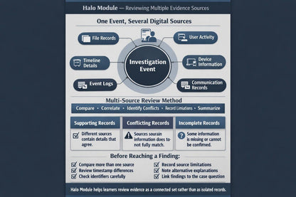 An infographic diagram titled 'Halo Module — Reviewing Multiple Evidence Sources' with a dark blue background and a central white panel showing investigation event flow, digital sources, review method, conflicting records, and checklist items.