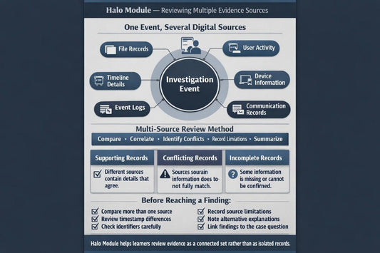 An infographic diagram titled 'Halo Module — Reviewing Multiple Evidence Sources' with a dark blue background and a central white panel showing investigation event flow, digital sources, review method, conflicting records, and checklist items.